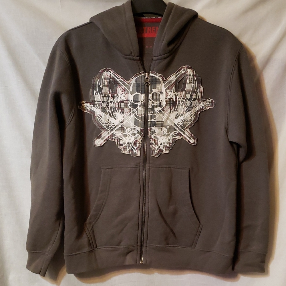 Kids' Dark Gray Zip Hoodie with Winged Skull Graphic